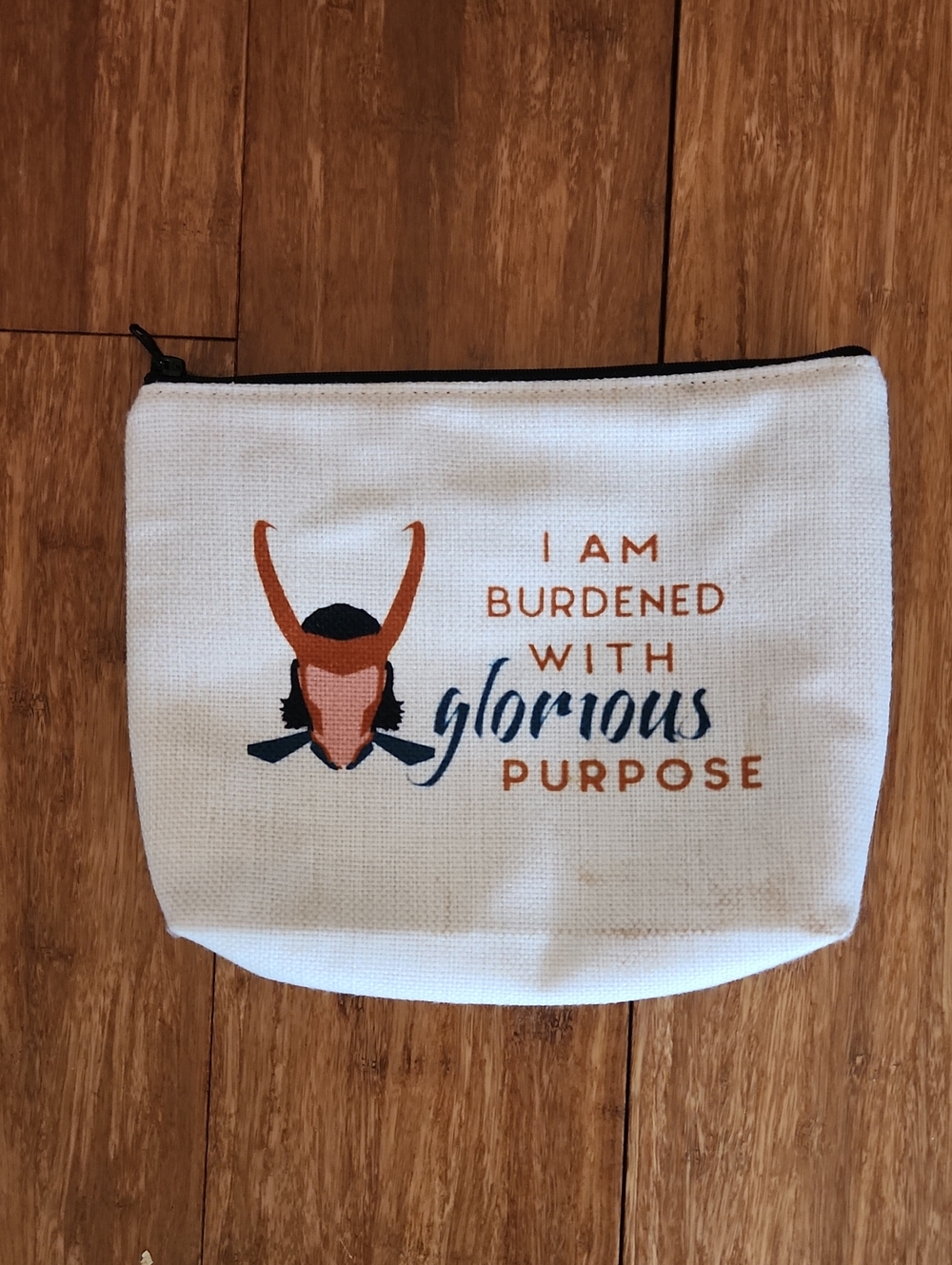 White Canvas Zip Pouch with Loki Quote - Makeup Or Pencil Pouch